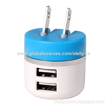 Travel charger, portable multicolor folded 5V/2.1A dual USB output with ABS, eco-friendly material